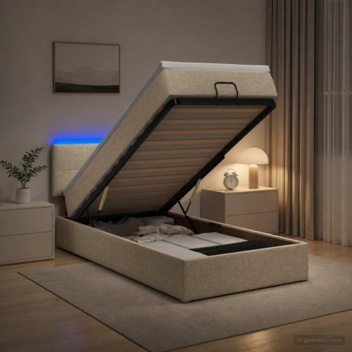 Ottoman seng med madras og LED cremefarvet 90 x 190 cm stof