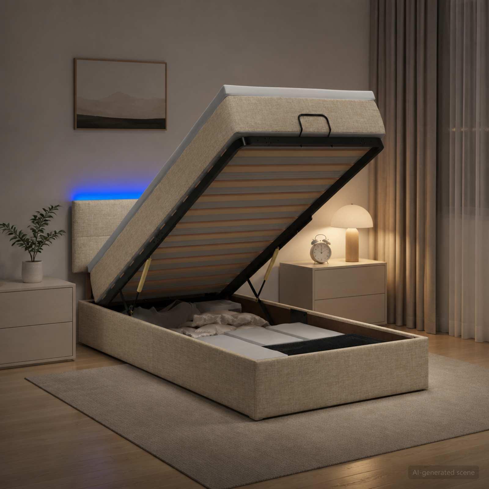 Ottoman seng med madras og LED cremefarvet 90 x 190 cm stof