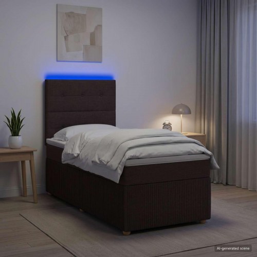 LED boksmadrasseng med madras og topmadras 90 x 200 cm mørk brun stof