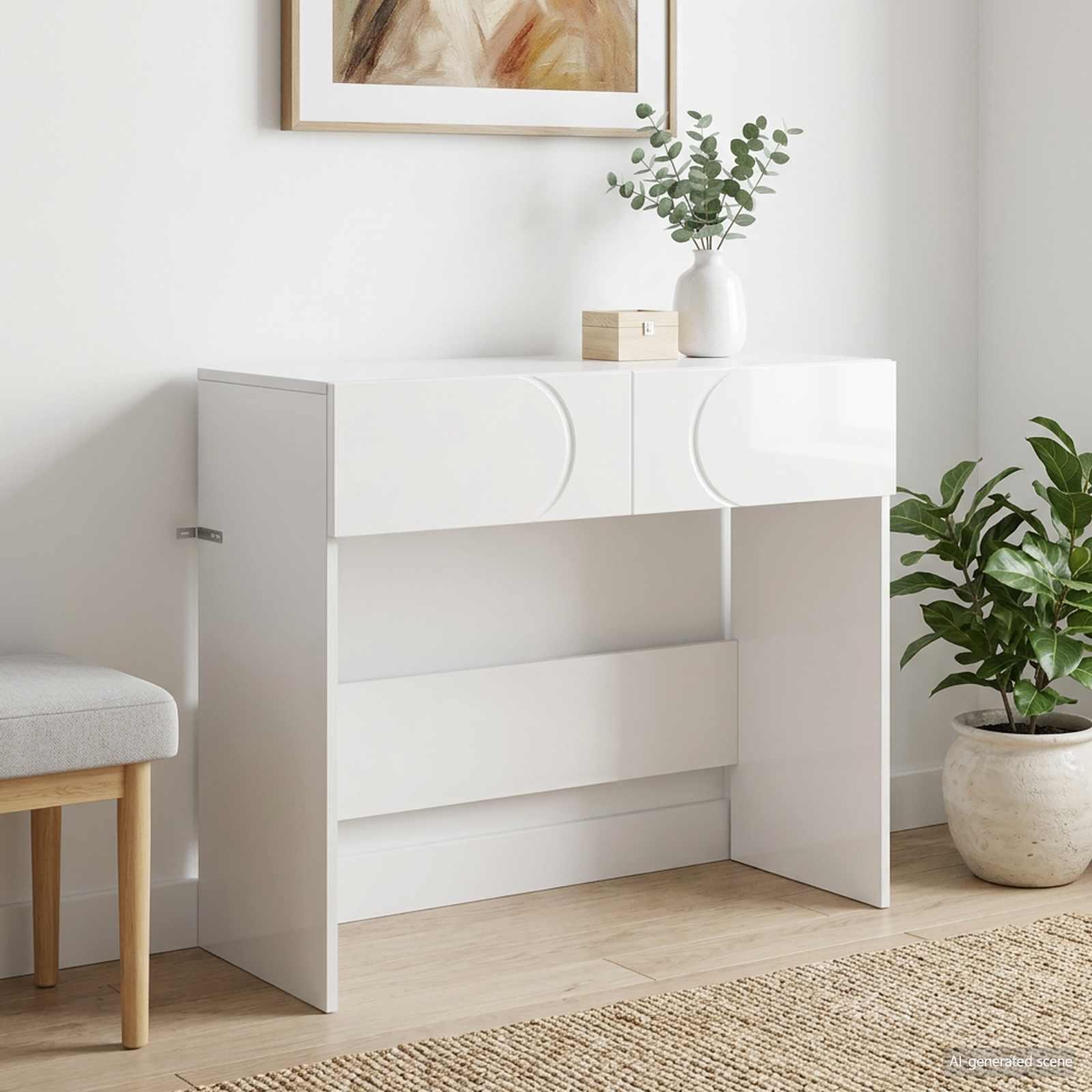 Konsolbord i hvid højglans med 2 skuffer 96,5 x 38 x 75 cm