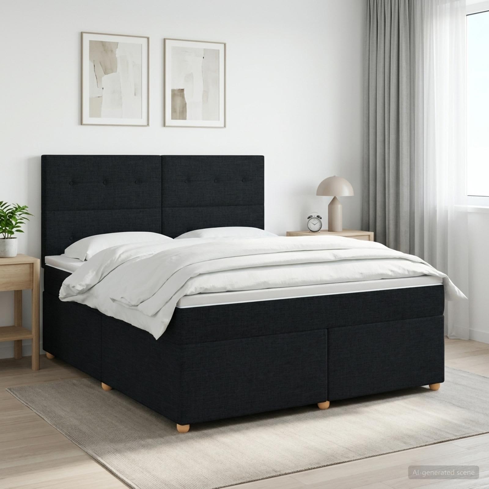 Kontinentalseng med madras, topmadras og hovedgærde 140 x 190 cm - sort stof