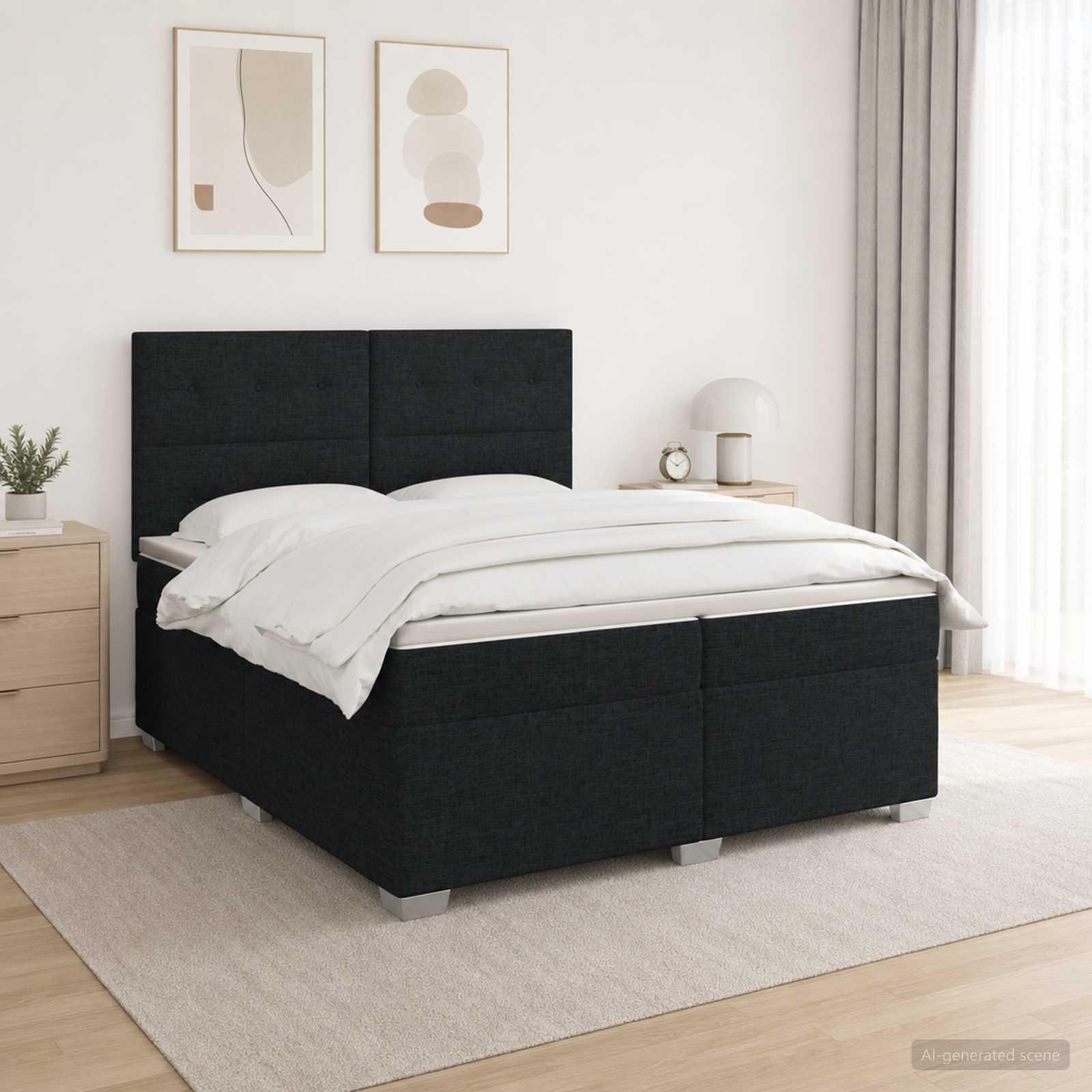Kontinentalseng med topmadras og justerbart hovedgærde 200 x 200 cm - sort stof