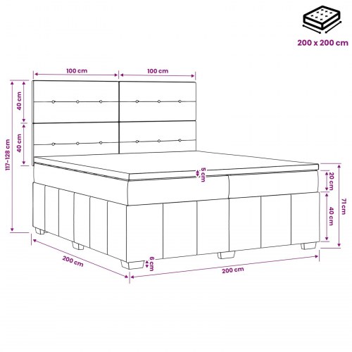 Boksmadras seng 200 x 200 cm med topmadras og justerbar gavl - gråbrun