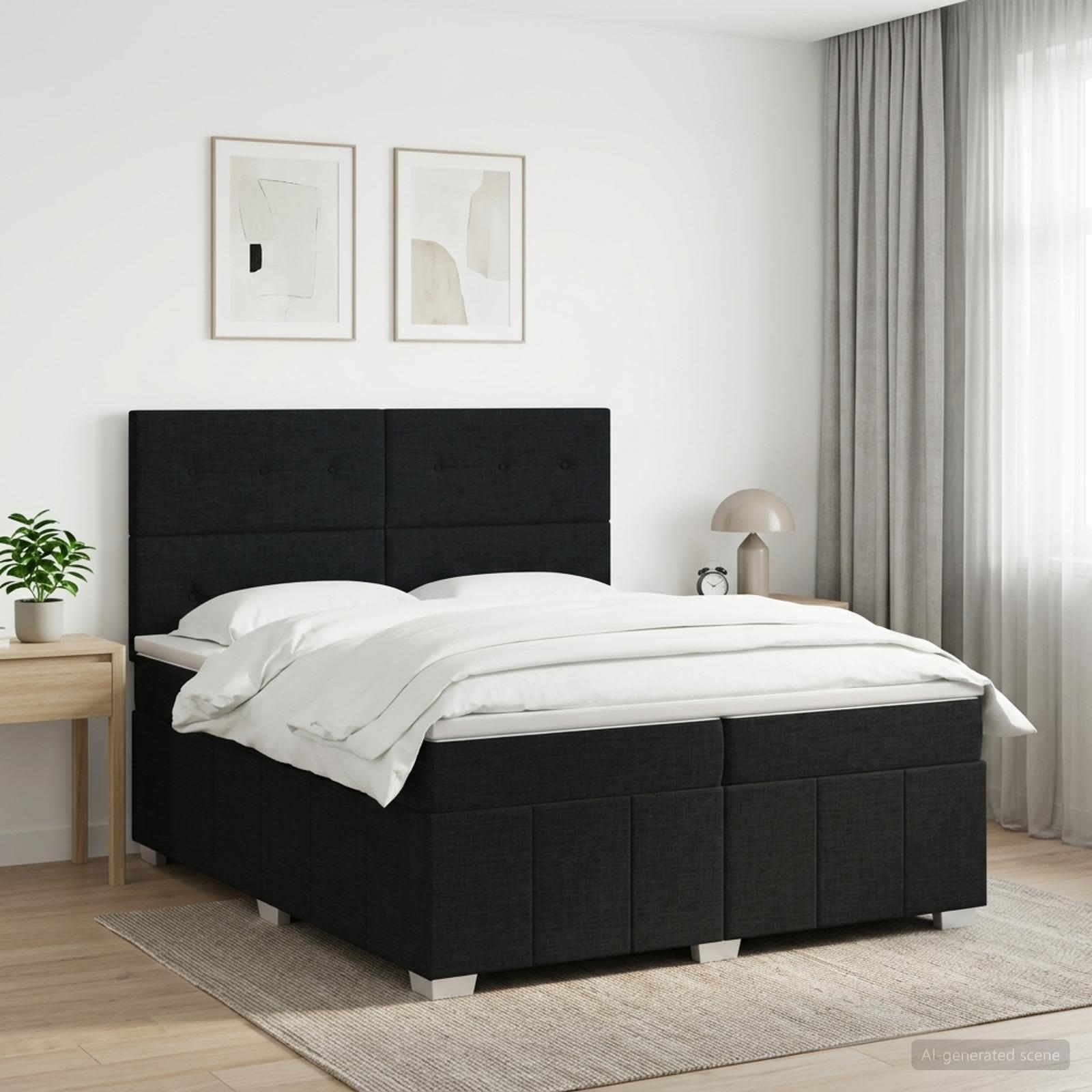 Boksmadras seng med topmadras og justerbart hovedgærde 200 x 200 cm sort stof
