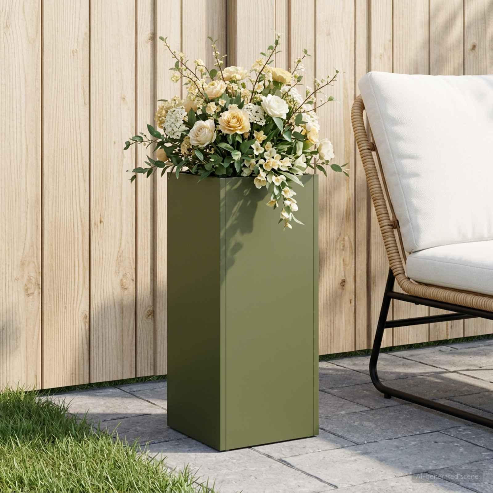 Blomsterkrukke til have i olivengrøn 20 x 20 x 50 cm koldvalset stål