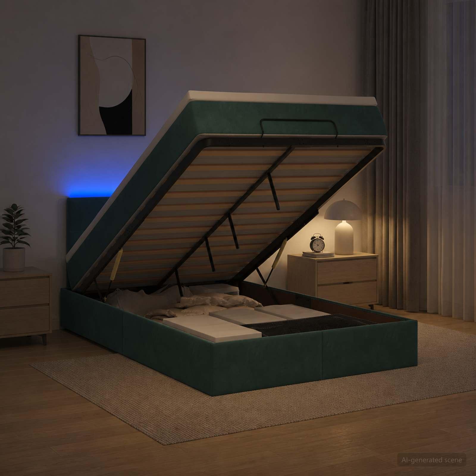 Ottoman seng med madras og LED 120 x 200 cm mørkegrøn velour
