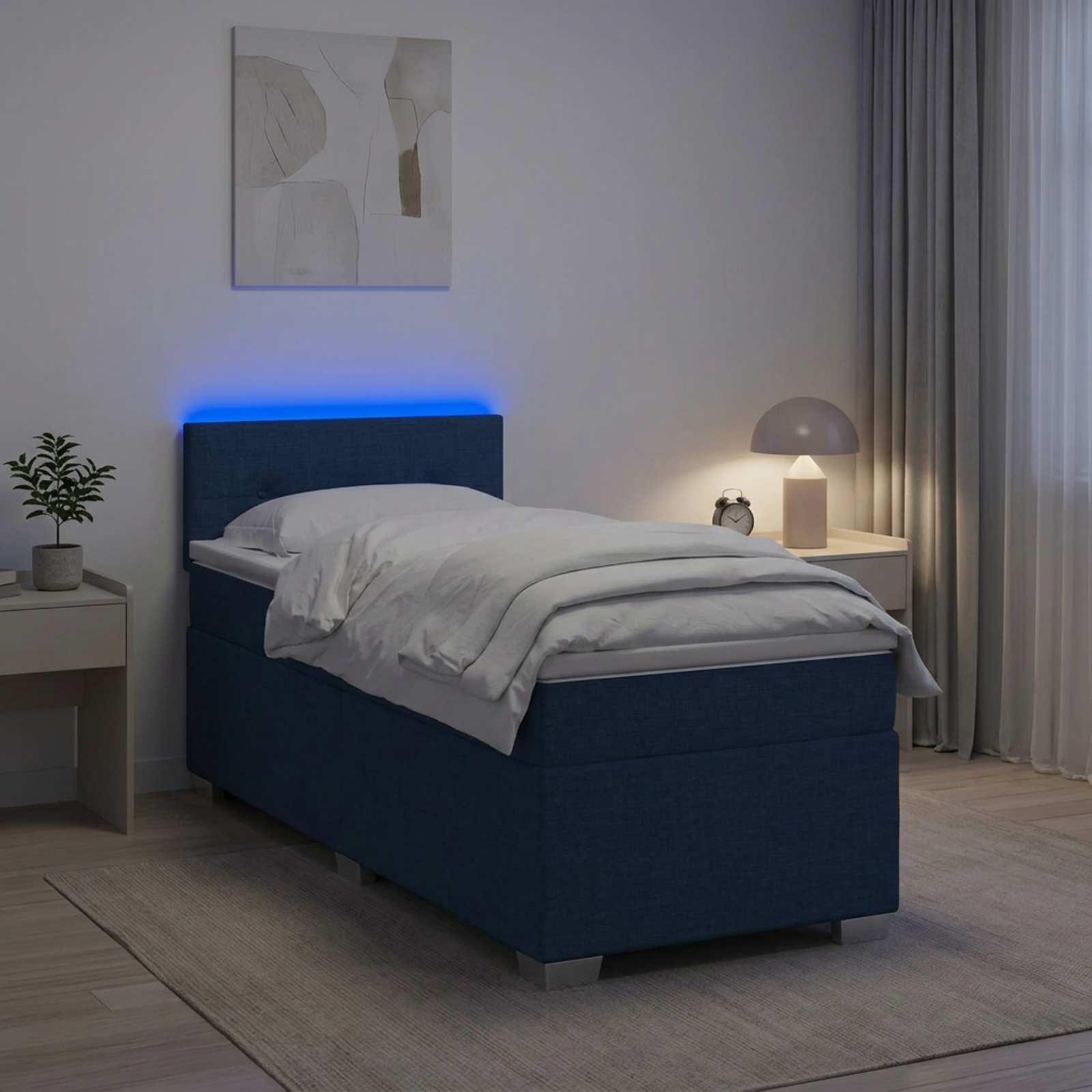 Kontinentalseng med madras og LED blå 100 x 200 cm stof