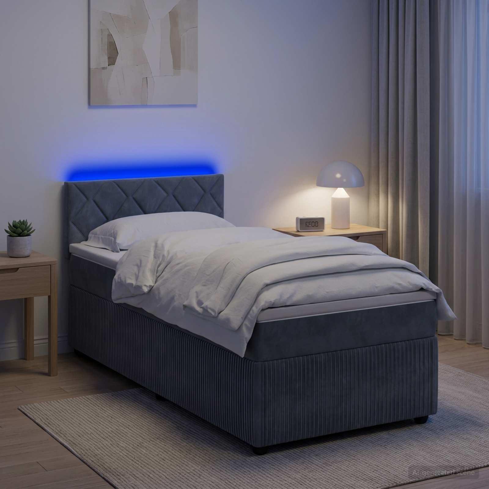 Boksmadras seng med topmadras og LED mørkegrå 100 x 200 cm fløjl