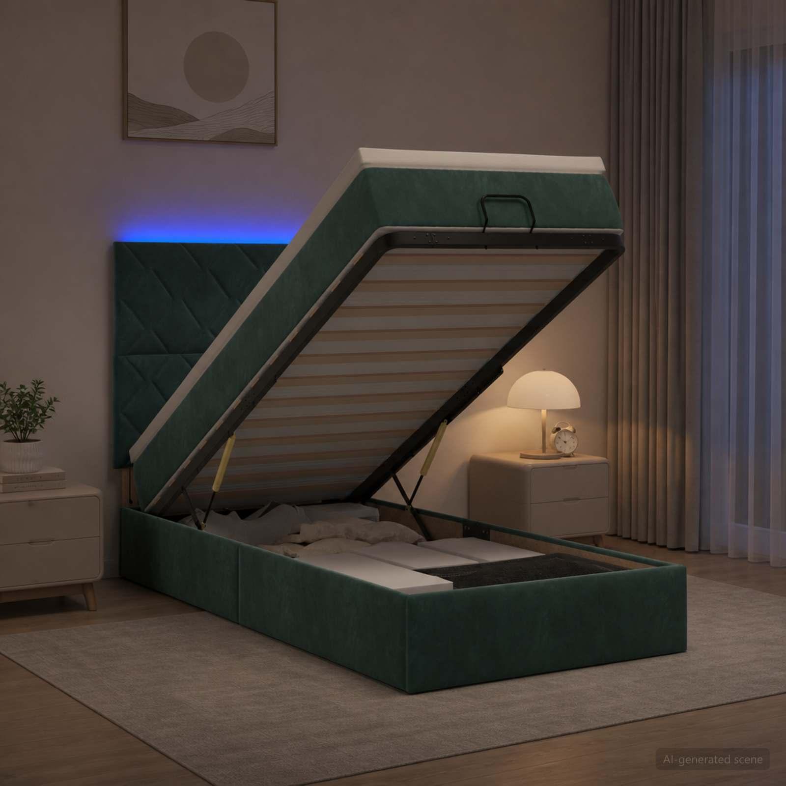 Ottoman seng med madras og LED i mørkegrøn fløjl 90 x 190 cm