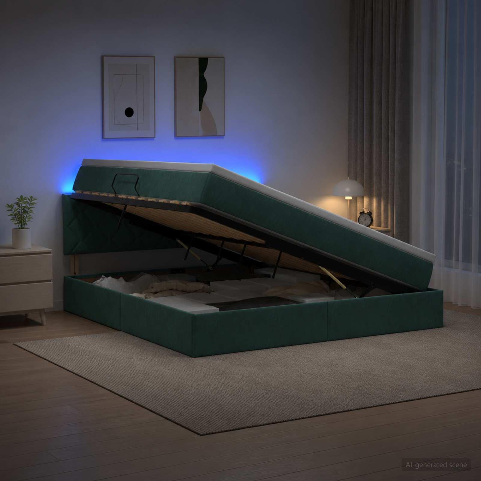 LED opbevaringsseng med madras 180 x 200 cm i mørkegrøn fløjl