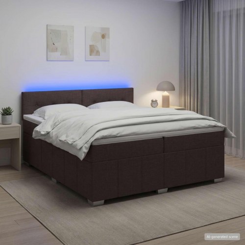 Madras med topmadras 200 x 200 cm mørk brun stofseng med LED
