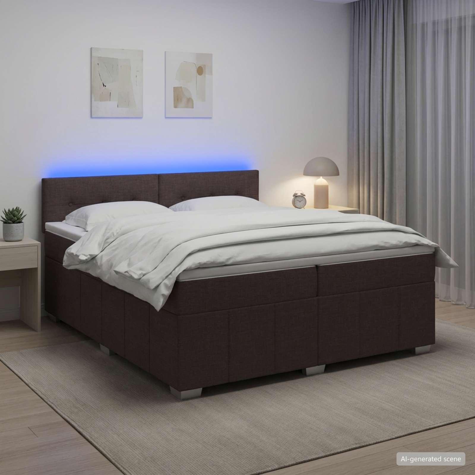Madras med topmadras 200 x 200 cm mørk brun stofseng med LED
