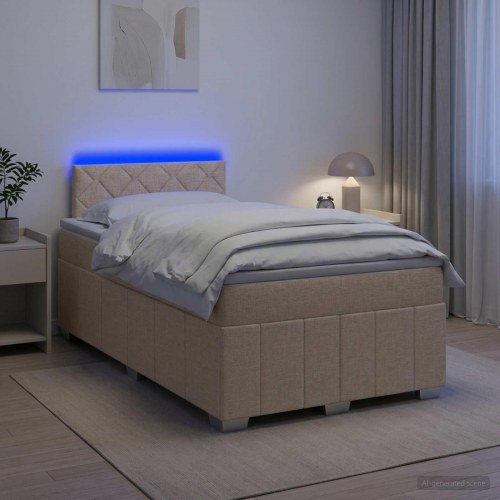 Seng med madras og topmadras 120 x 200 cm cremefarvet stof med LED