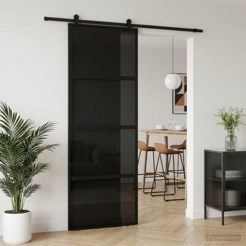 Skydedør i hærdet glas og aluminium 76 x 205 cm - sort og mørk transparent