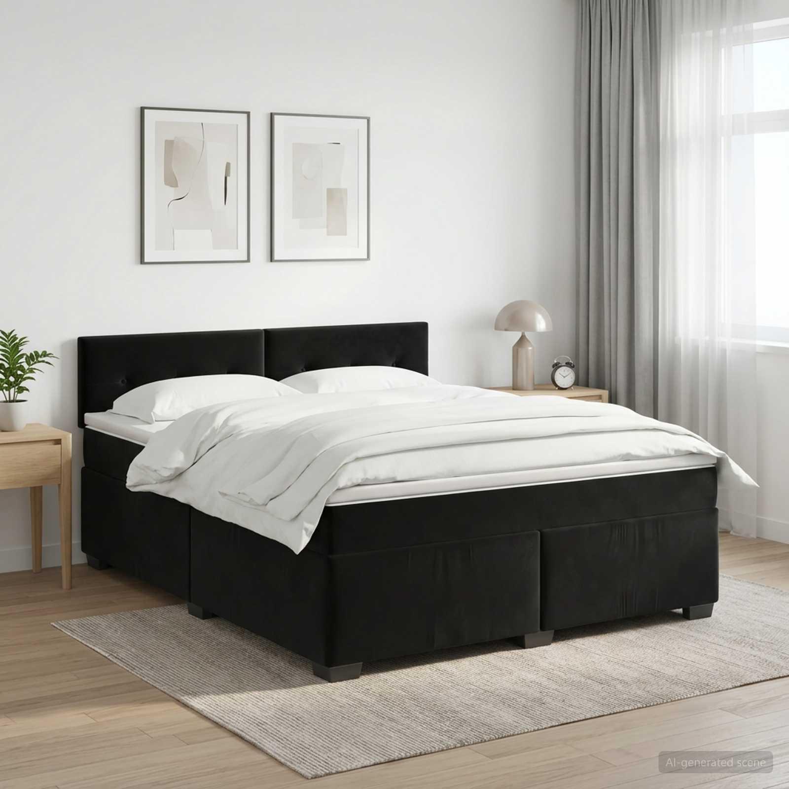 Boksmadras seng med topmadras og hovedgærde 160 x 200 cm - sort fløjl