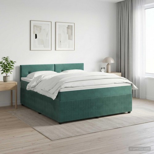 Boksmadras seng med topmadras 160 x 200 cm i mørkegrøn fløjl med LED
