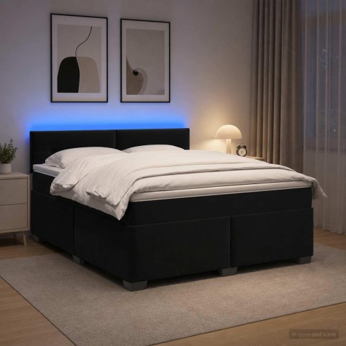 Kontinentalseng med madras og LED sort 160 x 200 cm velour