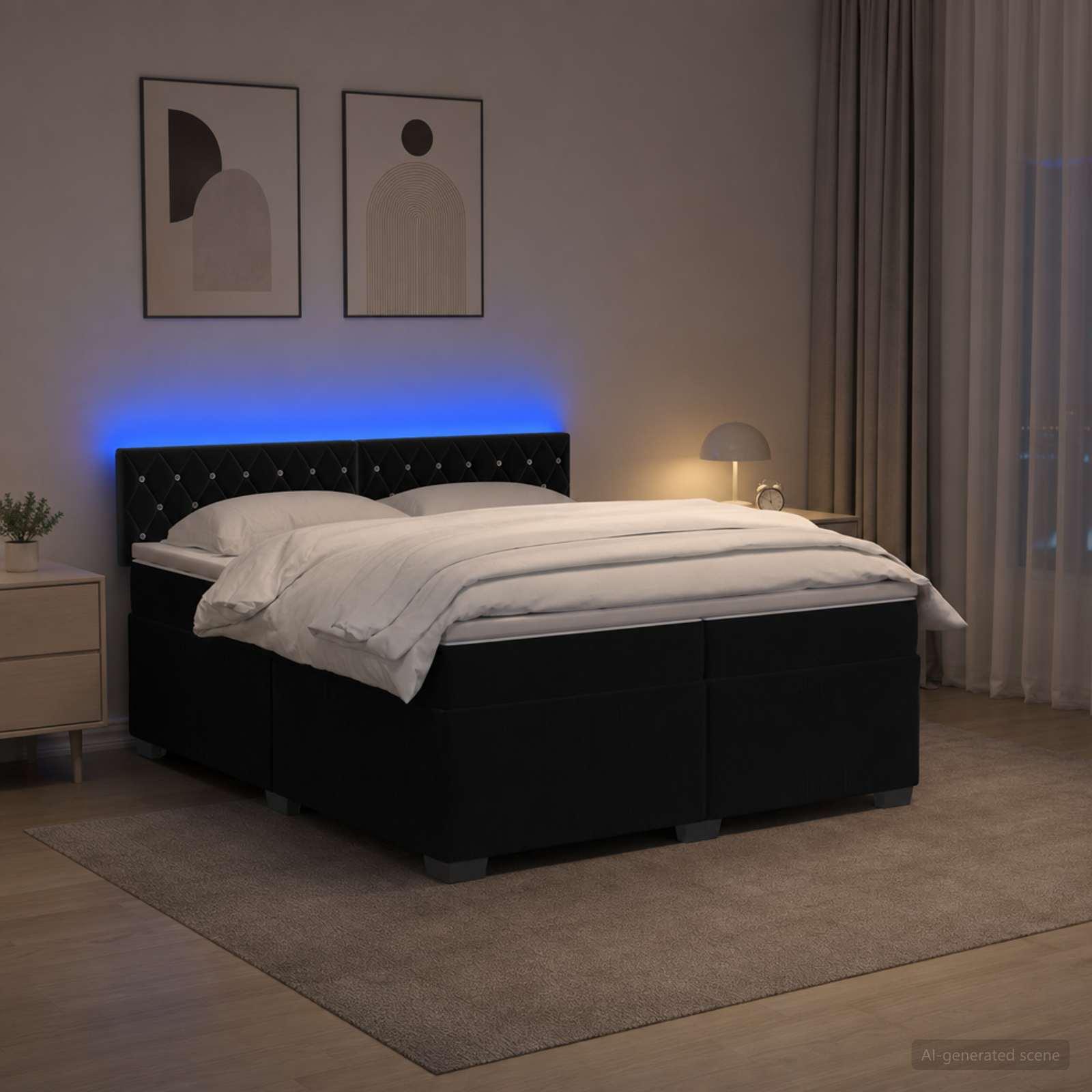 Kontinentalseng med madras og LED sort 200 x 200 cm velour