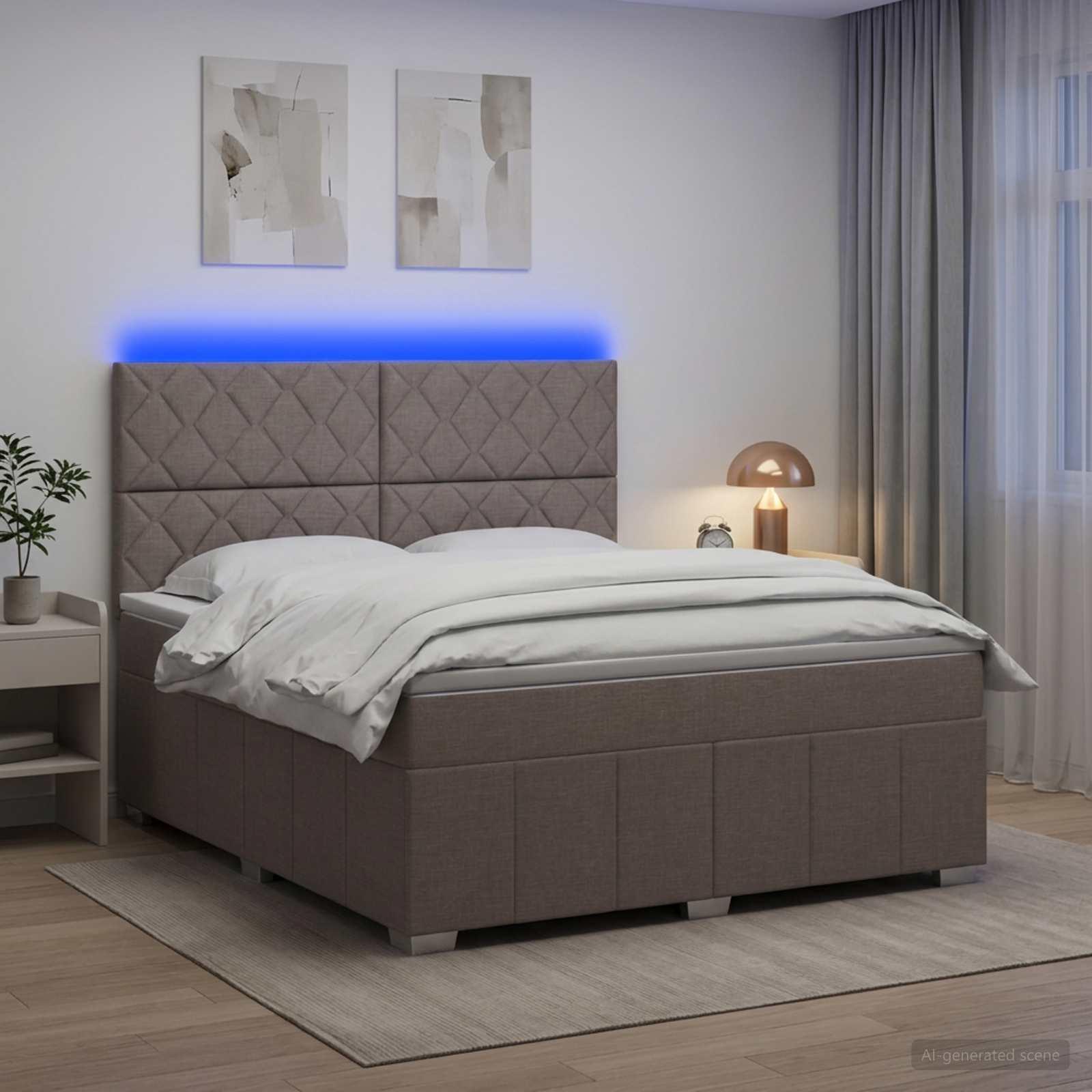 LED boksmadrasseng med madras 180 x 200 cm i stof - gråbrun