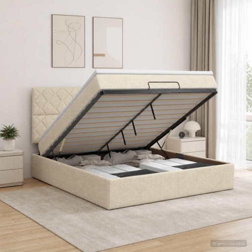 Ottoman seng med madras og LED 180 x 200 cm i cremefarvet stof