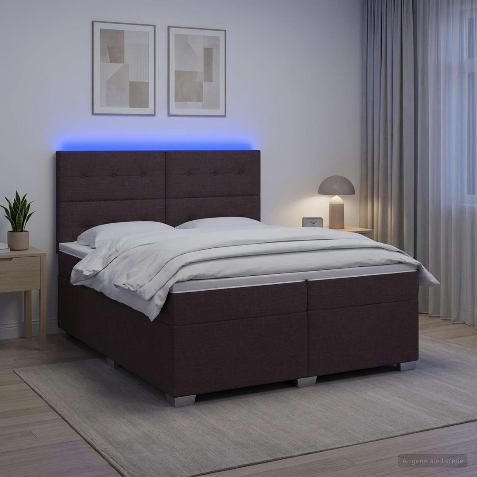 Boksmadras seng med topmadras og LED mørk brun 200 x 200 cm