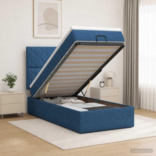 Ottoman seng med madras og LED 90 x 190 cm - blå stof