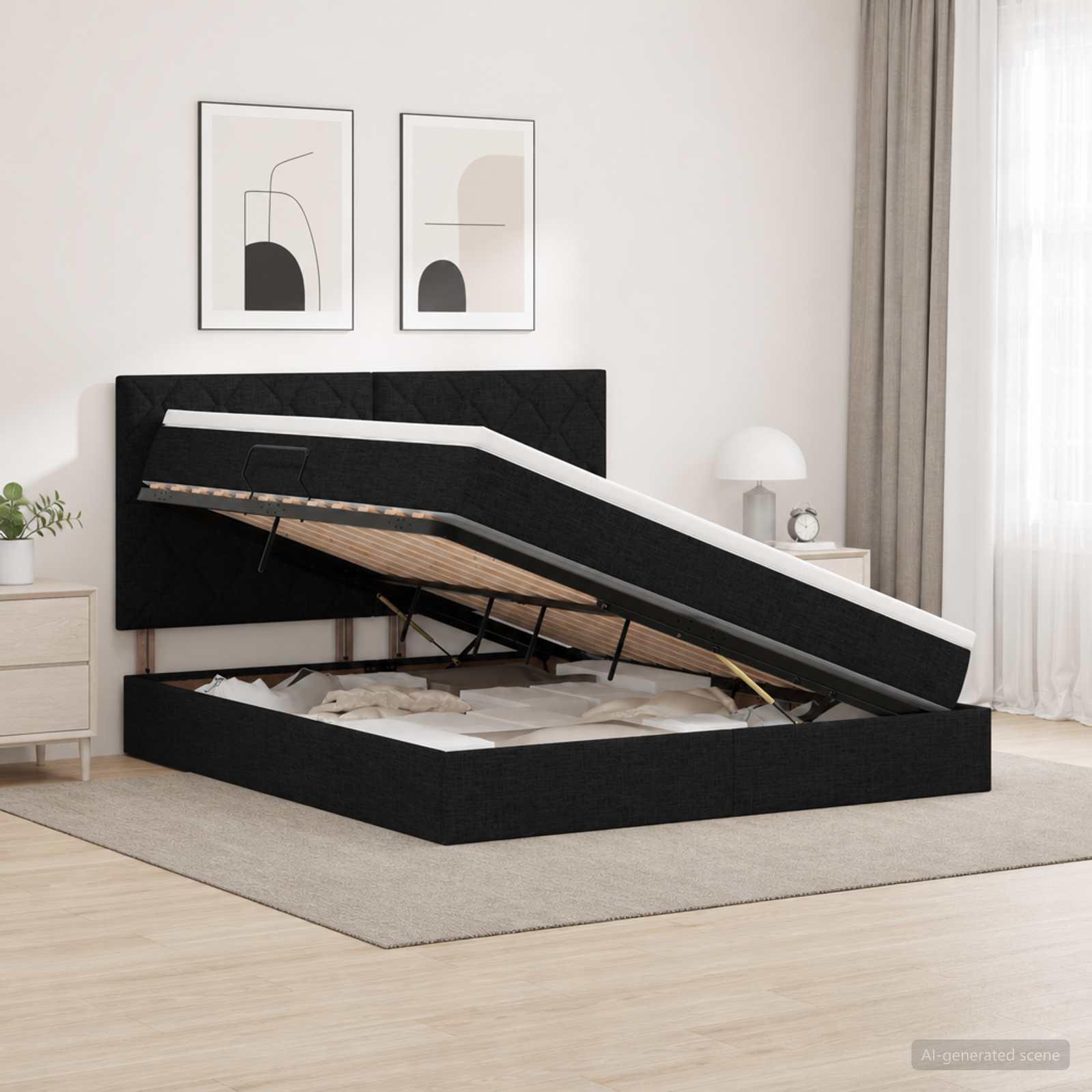 Seng med opbevaring og madras 160 x 200 cm sort stof