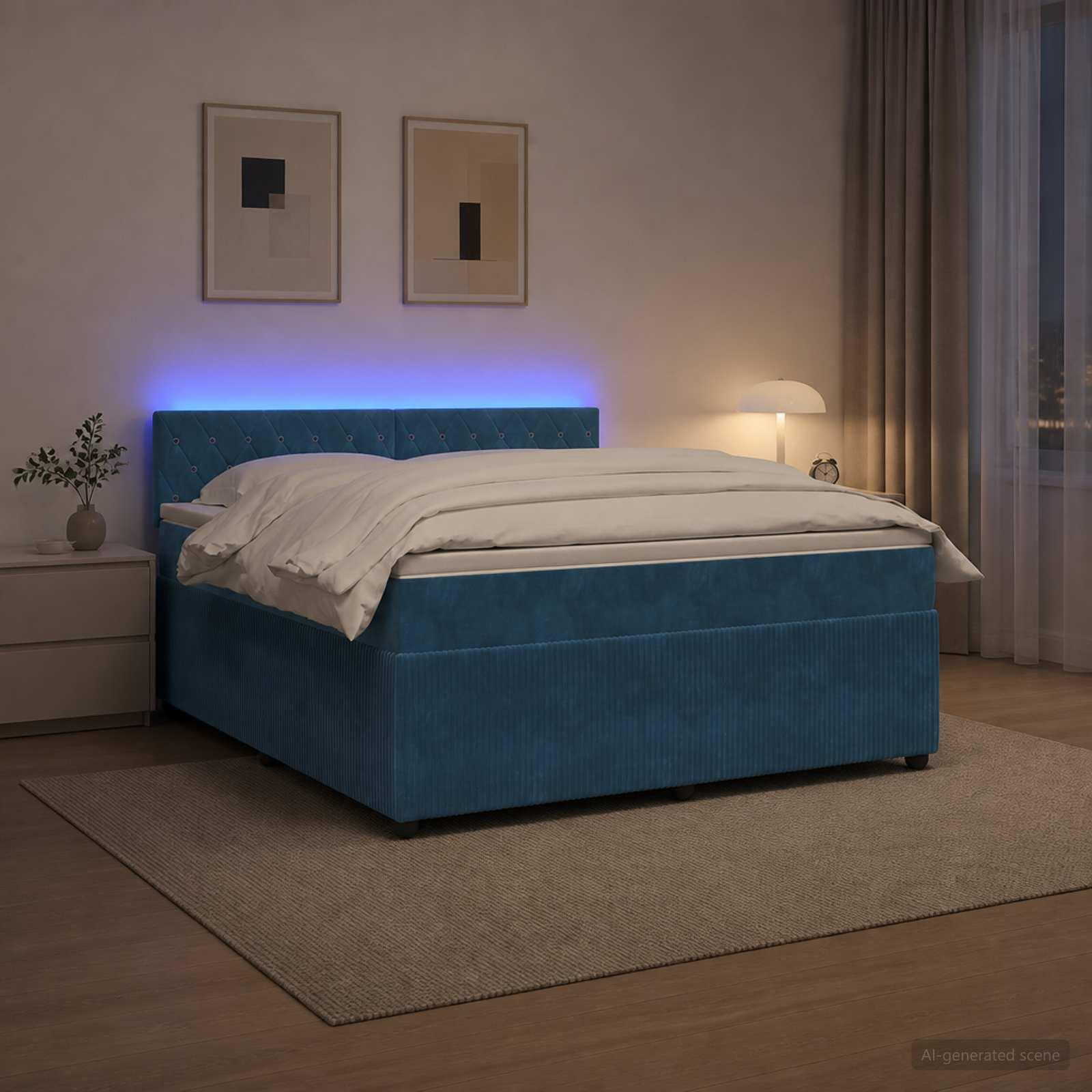 Seng med madras, topmadras og LED-hovedgærde 160 x 200 cm - blå fløjl