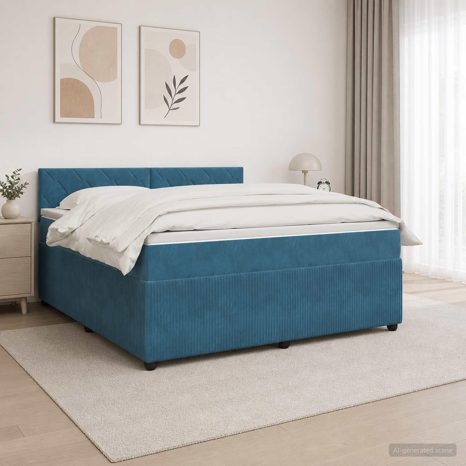 Kontinentalseng med madras, topmadras og hovedgærde 140 x 190 cm i blå fløjl