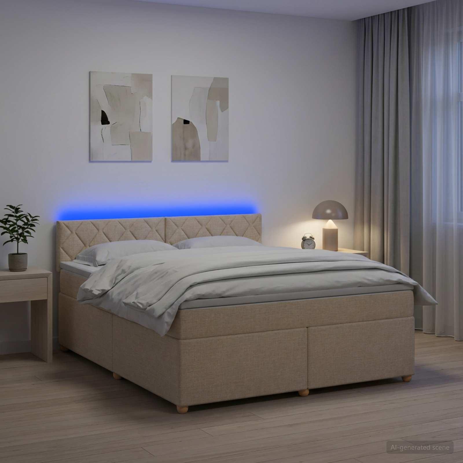 Boksmadrasseng med topmadras og LED cremefarvet 180 x 200 cm