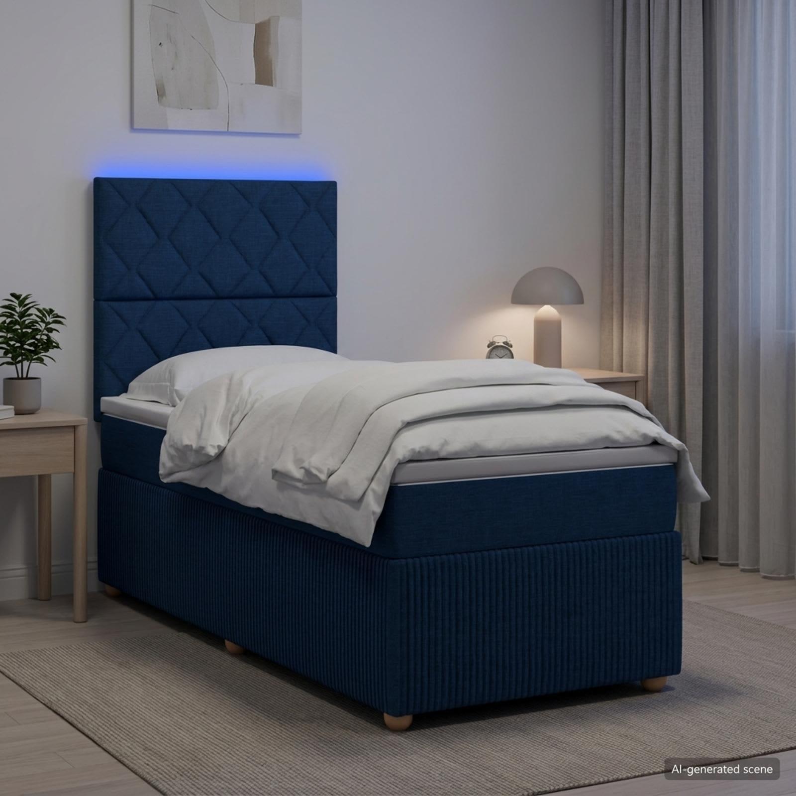 LED boksmadrasseng med madras 90 x 190 cm - blå stofseng