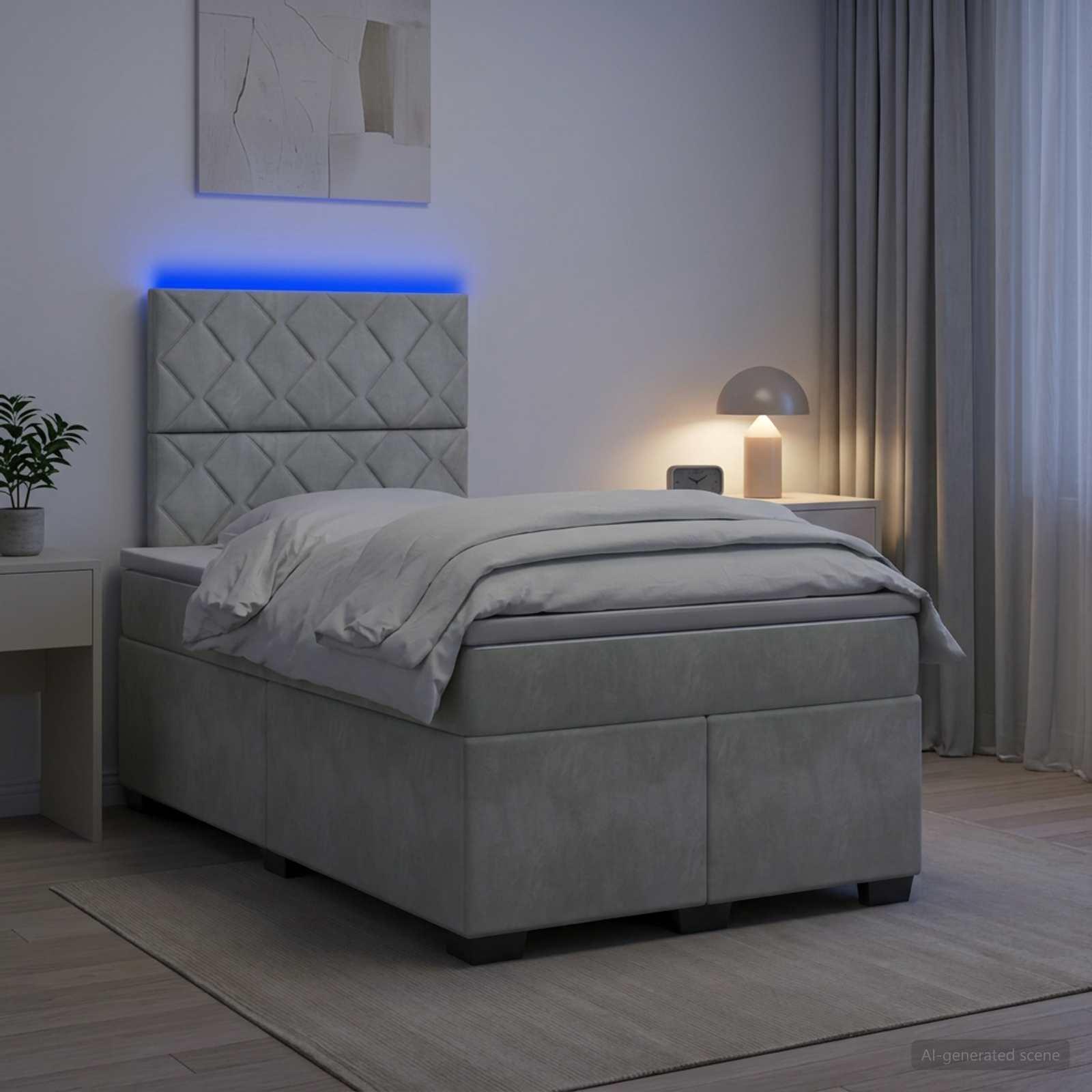 Boksmadras seng med topmadras og LED i fløjl 120 x 190 cm - lysegrå