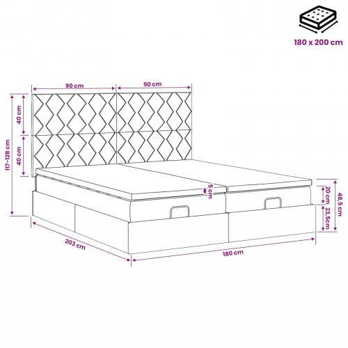 Ottoman seng 180 x 200 cm med madras og hovedgærde 2 stk. - blå stof