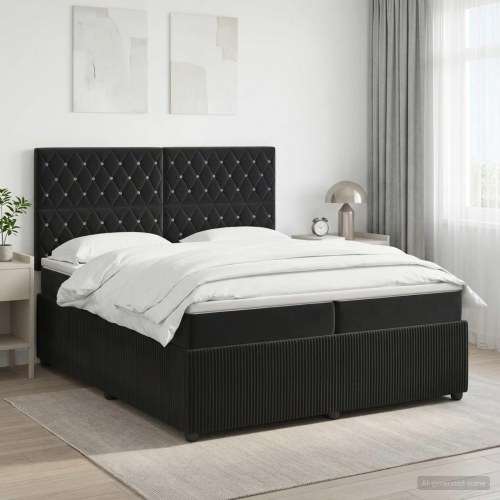 Dobbeltseng 200 x 200 cm med topmadras og hovedgærde - sort fløjl