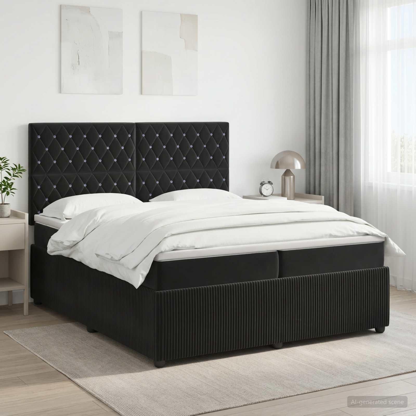 Dobbeltseng 200 x 200 cm med topmadras og hovedgærde - sort fløjl