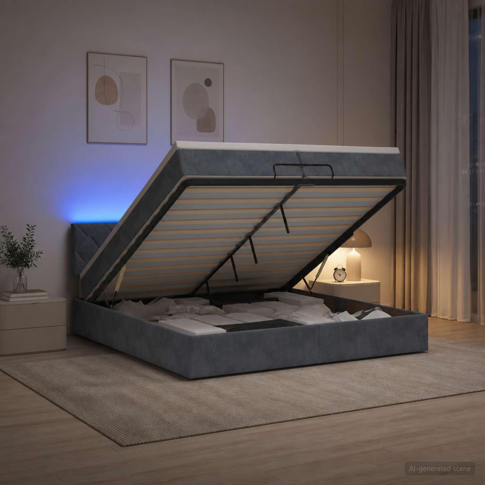 Ottoman seng med opbevaring, madras og LED 200 x 200 cm - mørkegrå velour