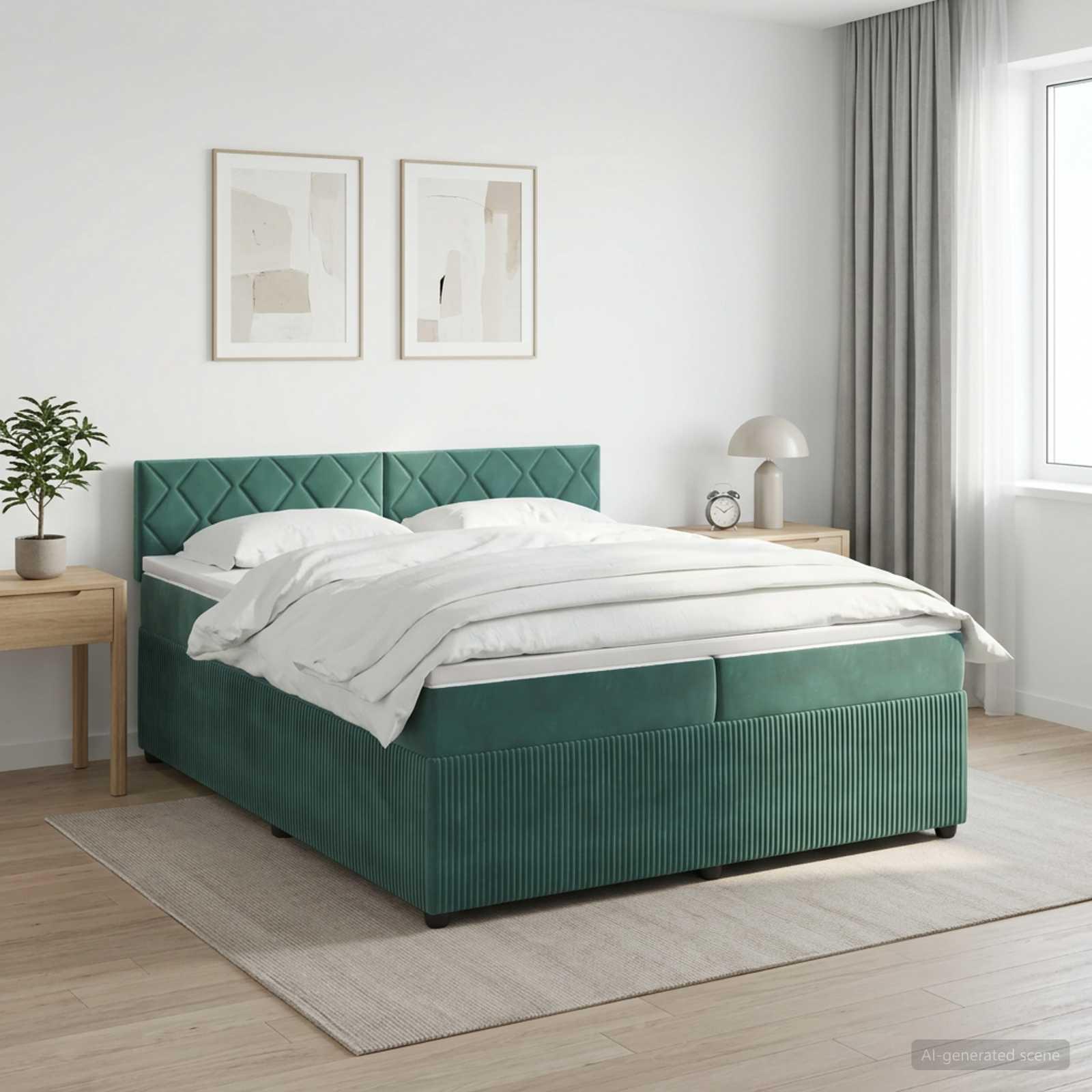 Boksmadrasseng med topmadras 200 x 200 cm i mørkegrøn fløjl