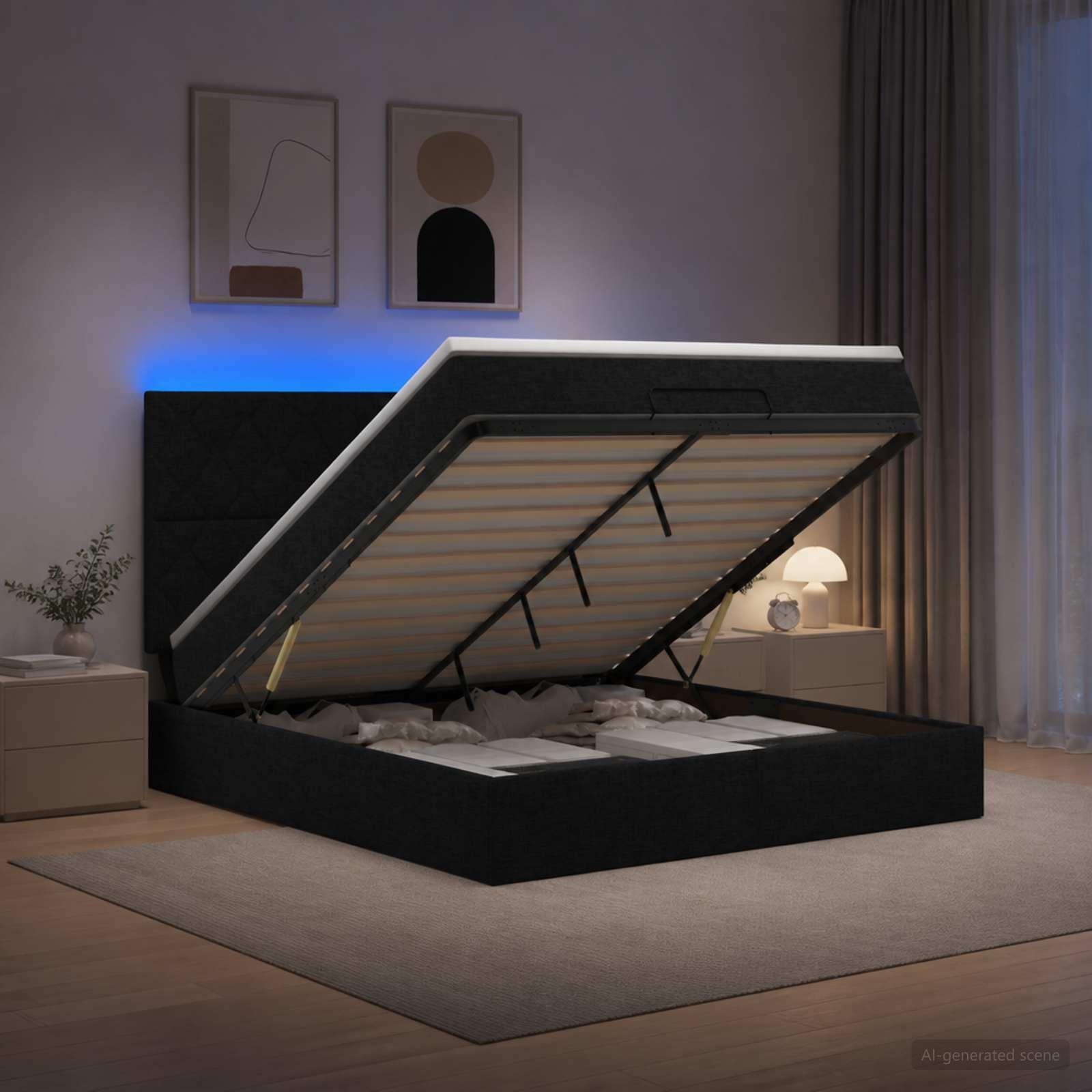 Ottoman seng med madras og LED sort 160 x 200 cm stof
