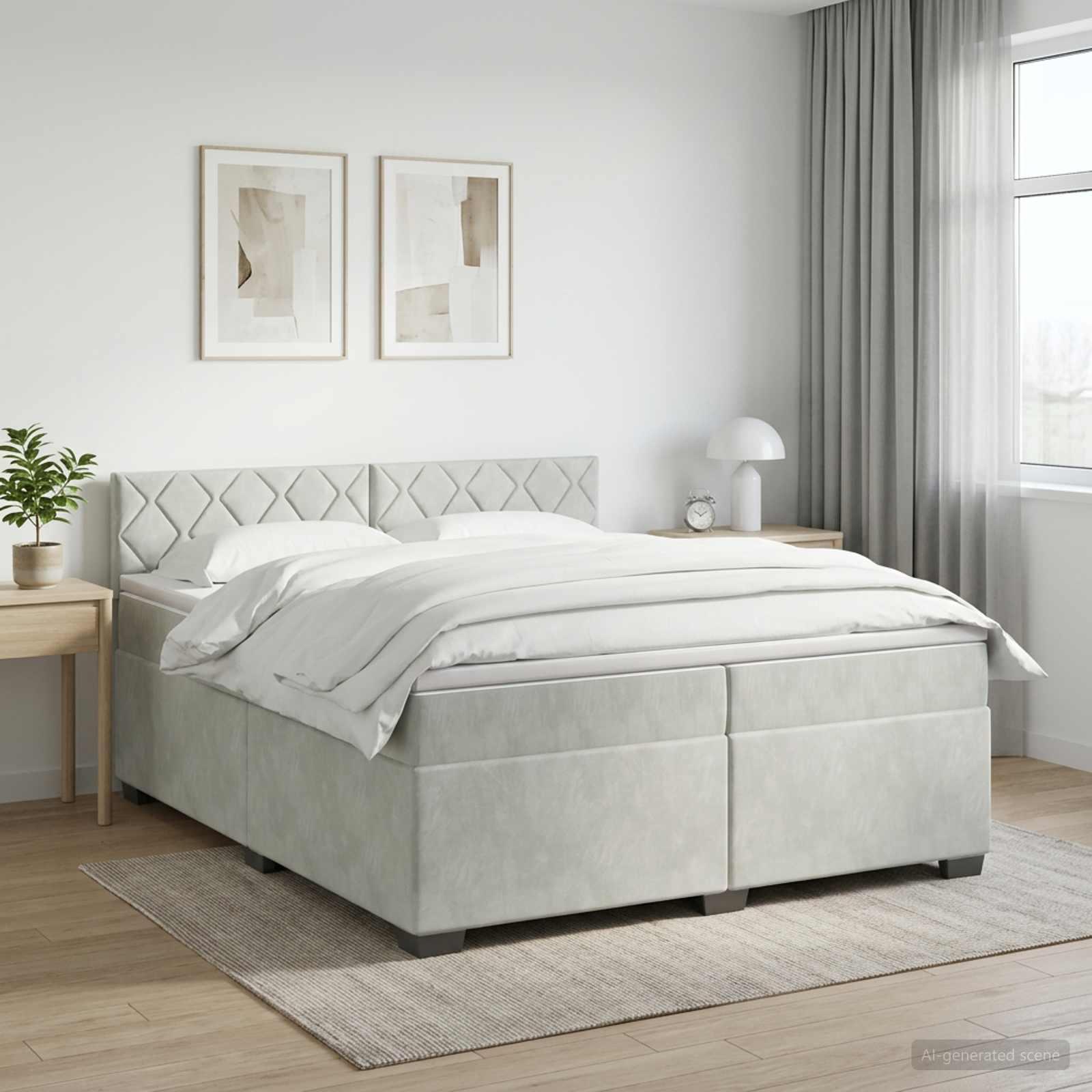 Kontinentalseng med madras og topmadras 200 x 200 cm i lysegrå fløjl