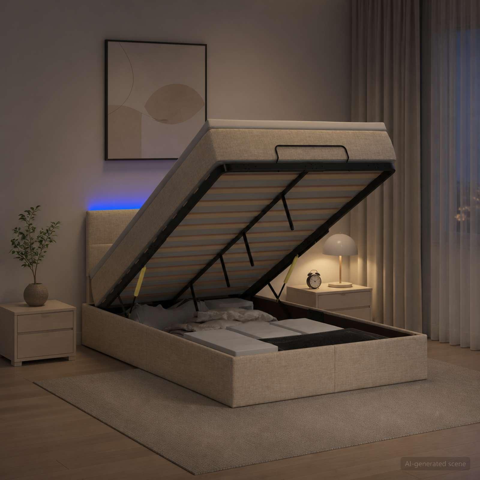 Ottoman seng med madras og LED lys 120 x 190 cm cremefarvet stof