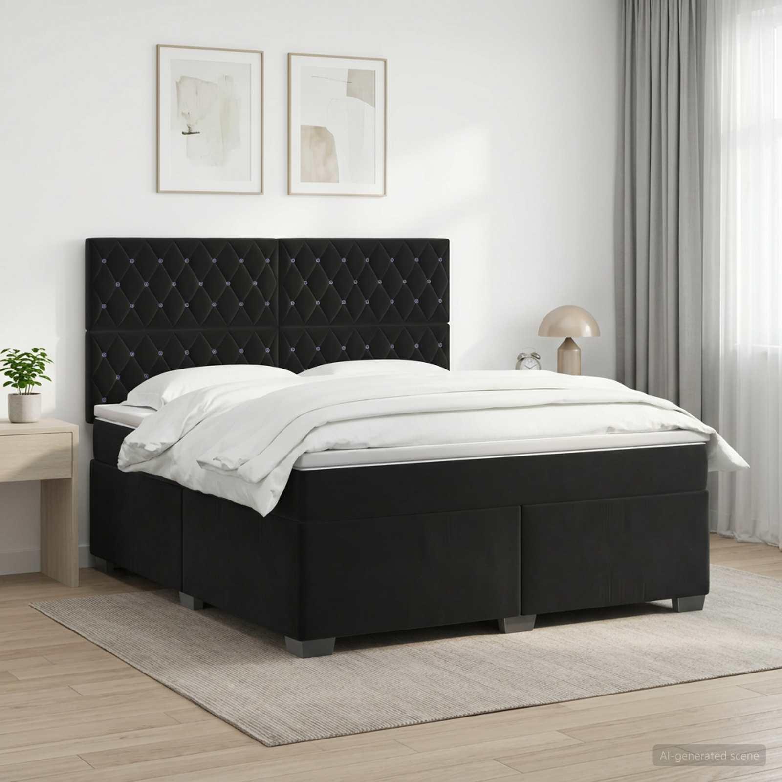 Boksmadras med topmadras og hovedgærde 140 x 190 cm sort fløjl