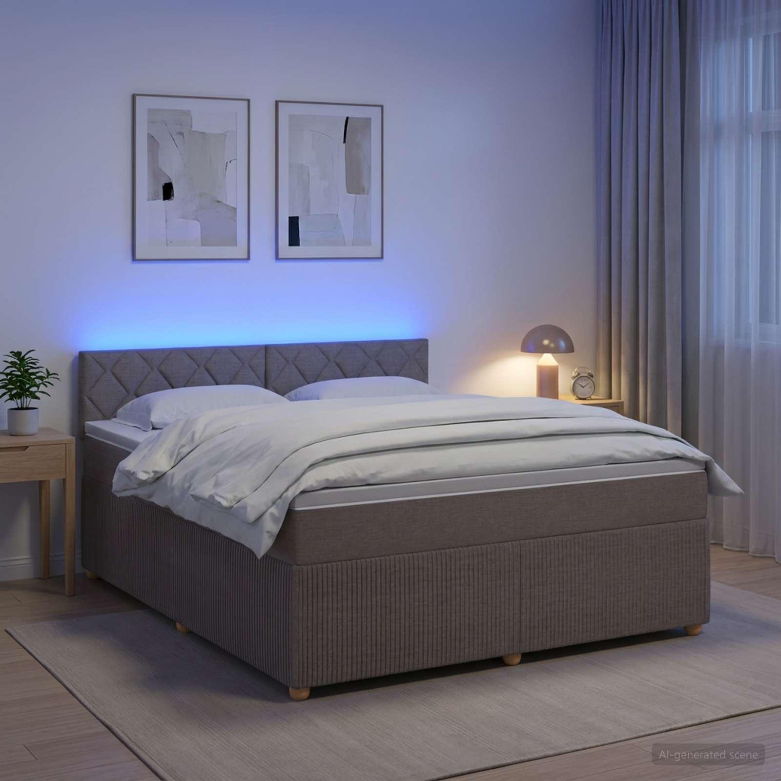 Boksmadras seng med topmadras og LED gråbrun 180 x 200 cm