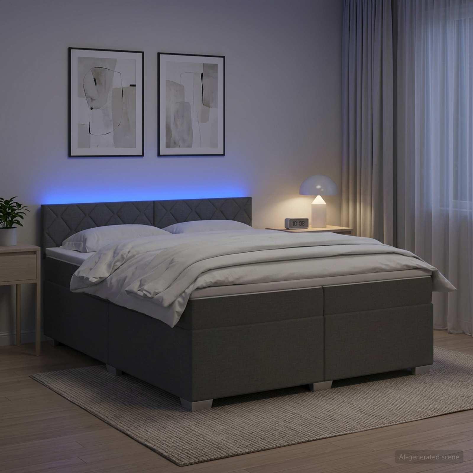 Kontinentalseng med madras og LED i mørkegrå 200 x 200 cm