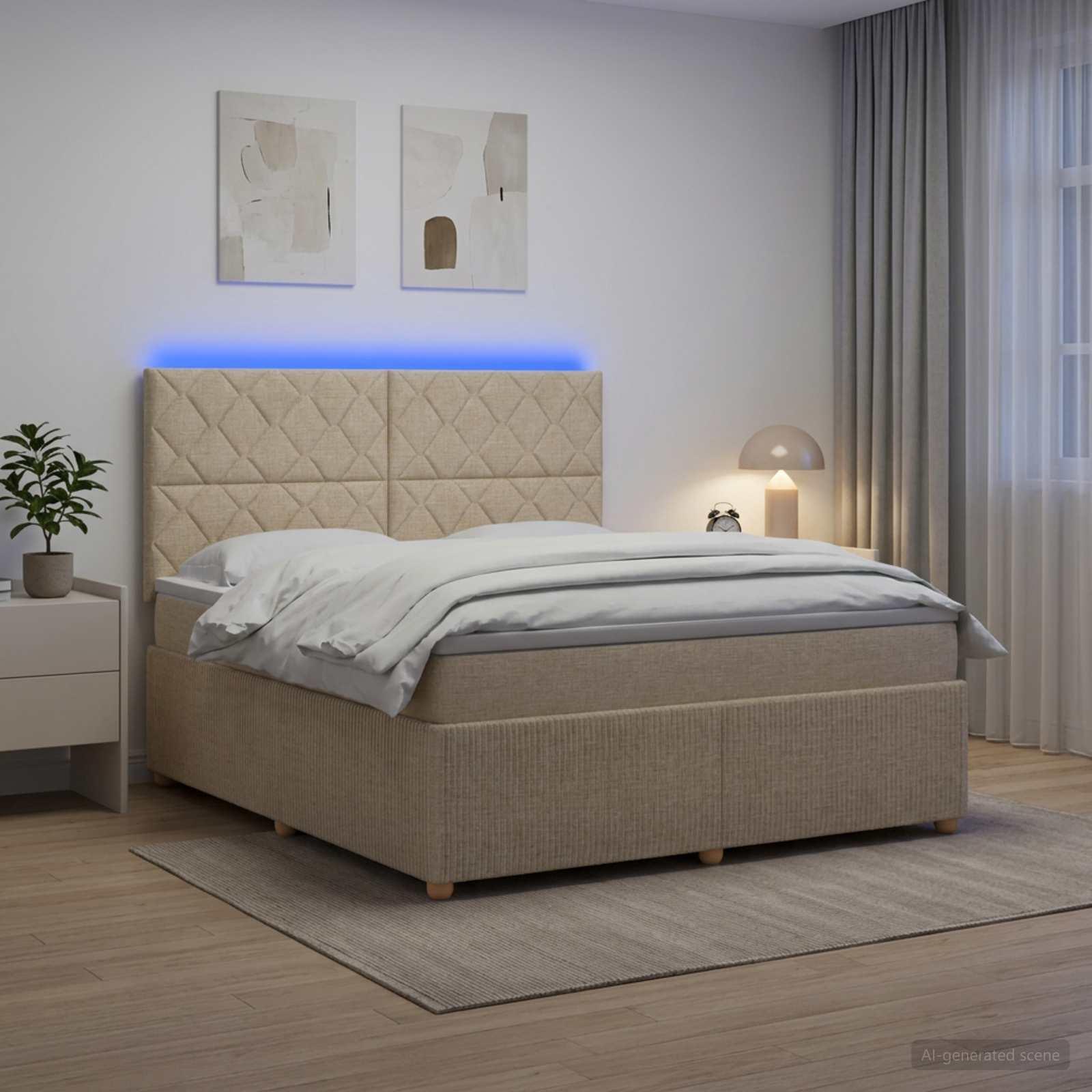 LED boksmadrasseng med madras 180 x 200 cm cremefarvet stof