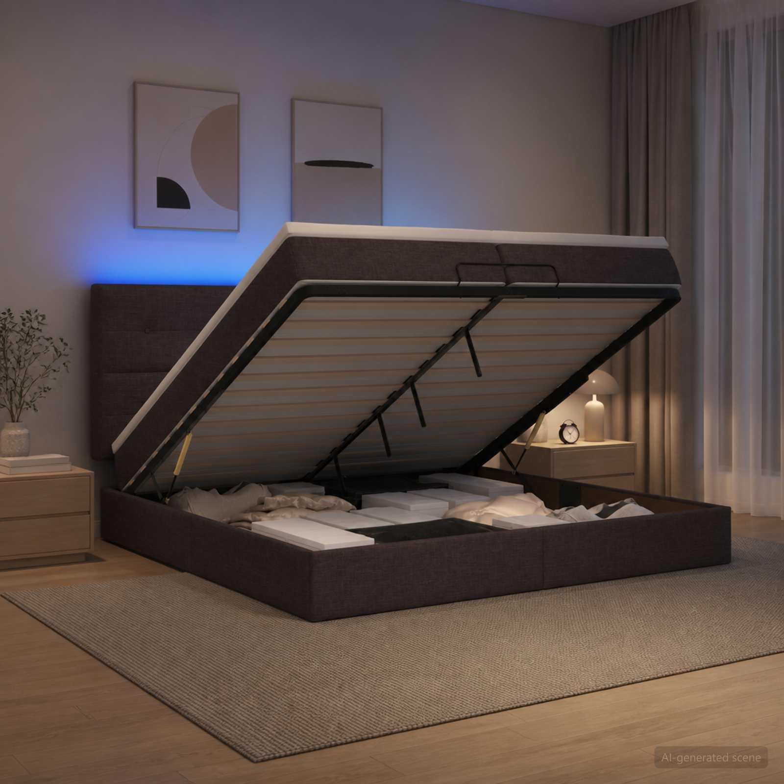 Ottoman seng med madras og LED mørk brun 200 x 200 cm stof