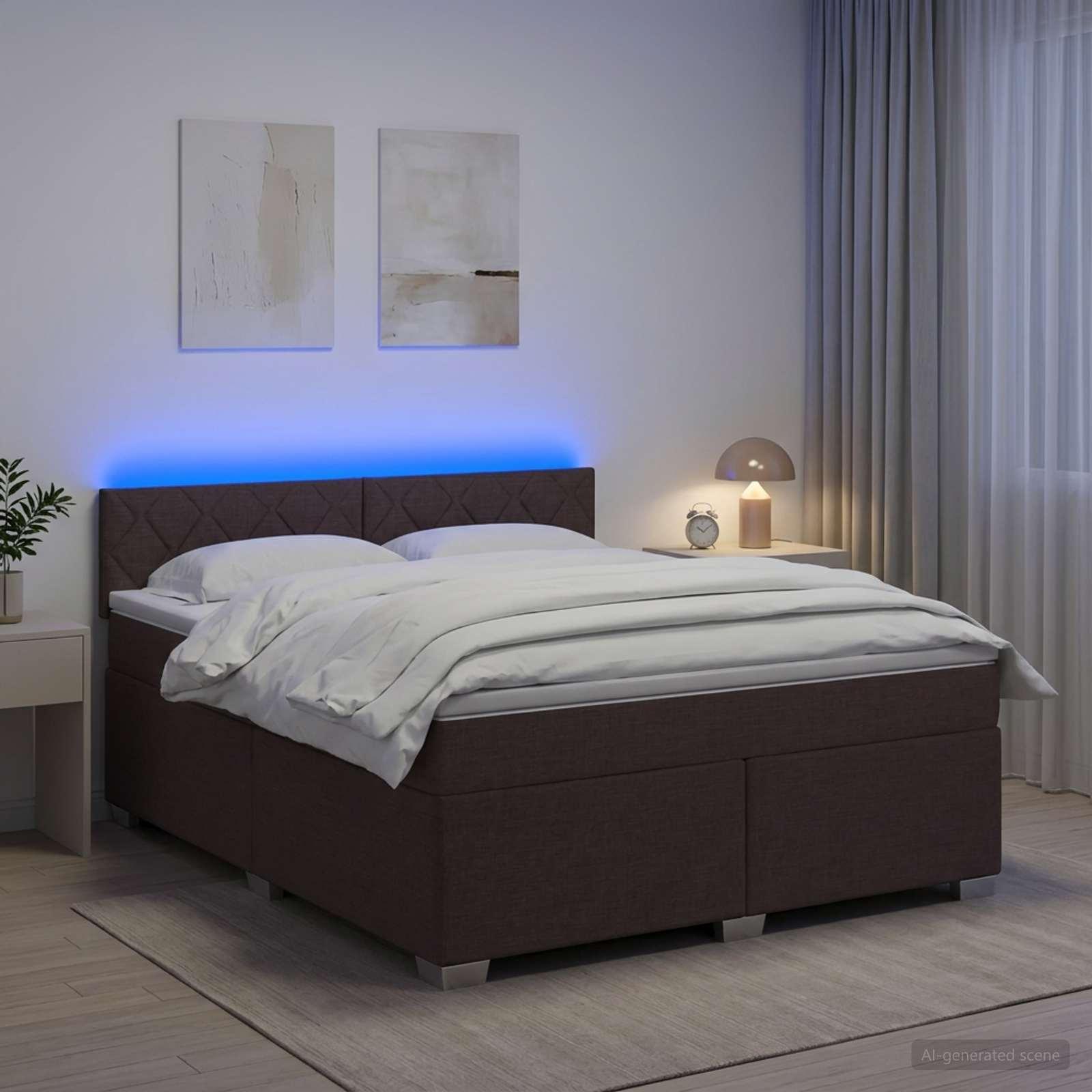 Kontinentalseng med madras og LED mørk brun 180 x 200 cm stof