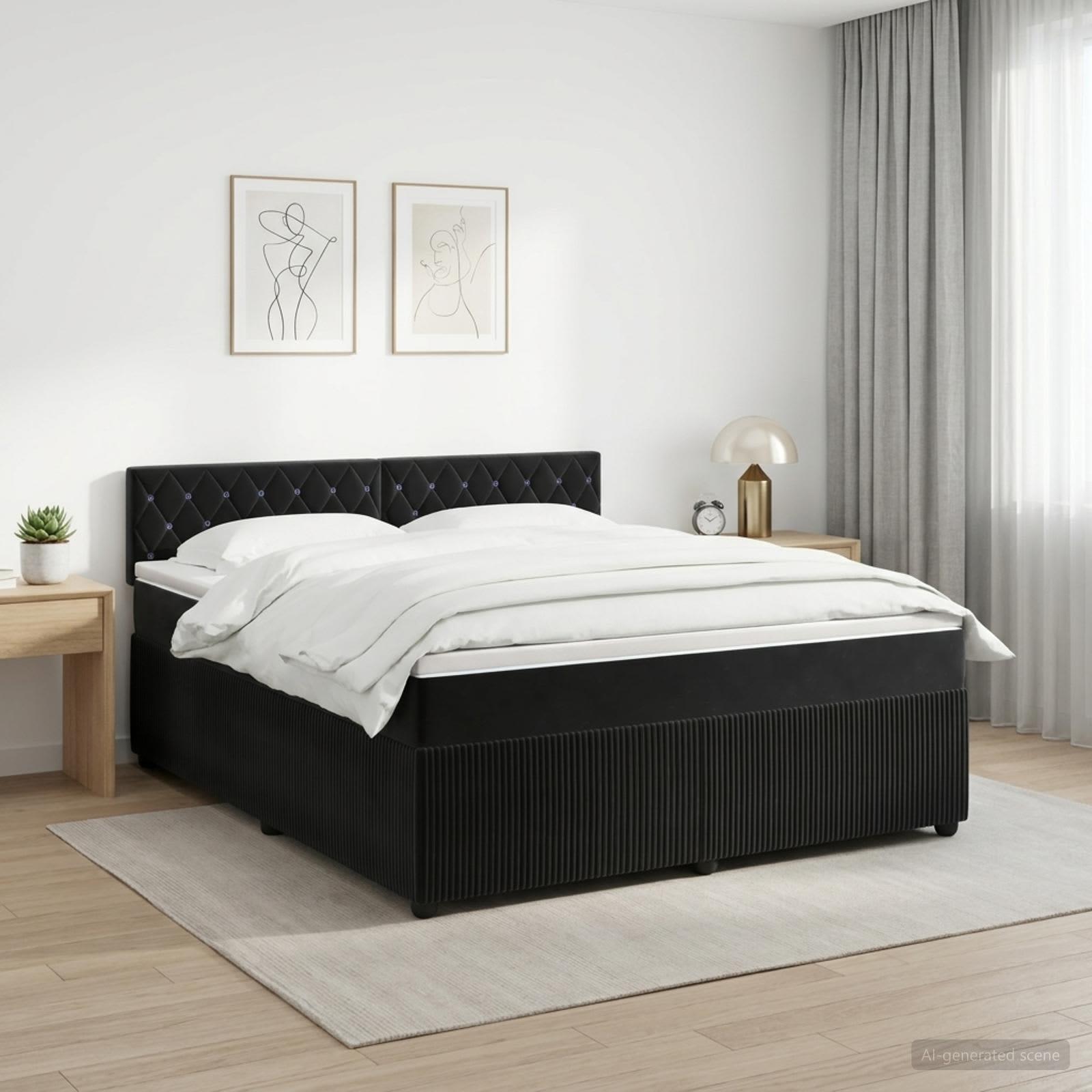Boksmadrasseng med topmadras og justerbar hovedgavl 140 x 200 cm sort fløjl