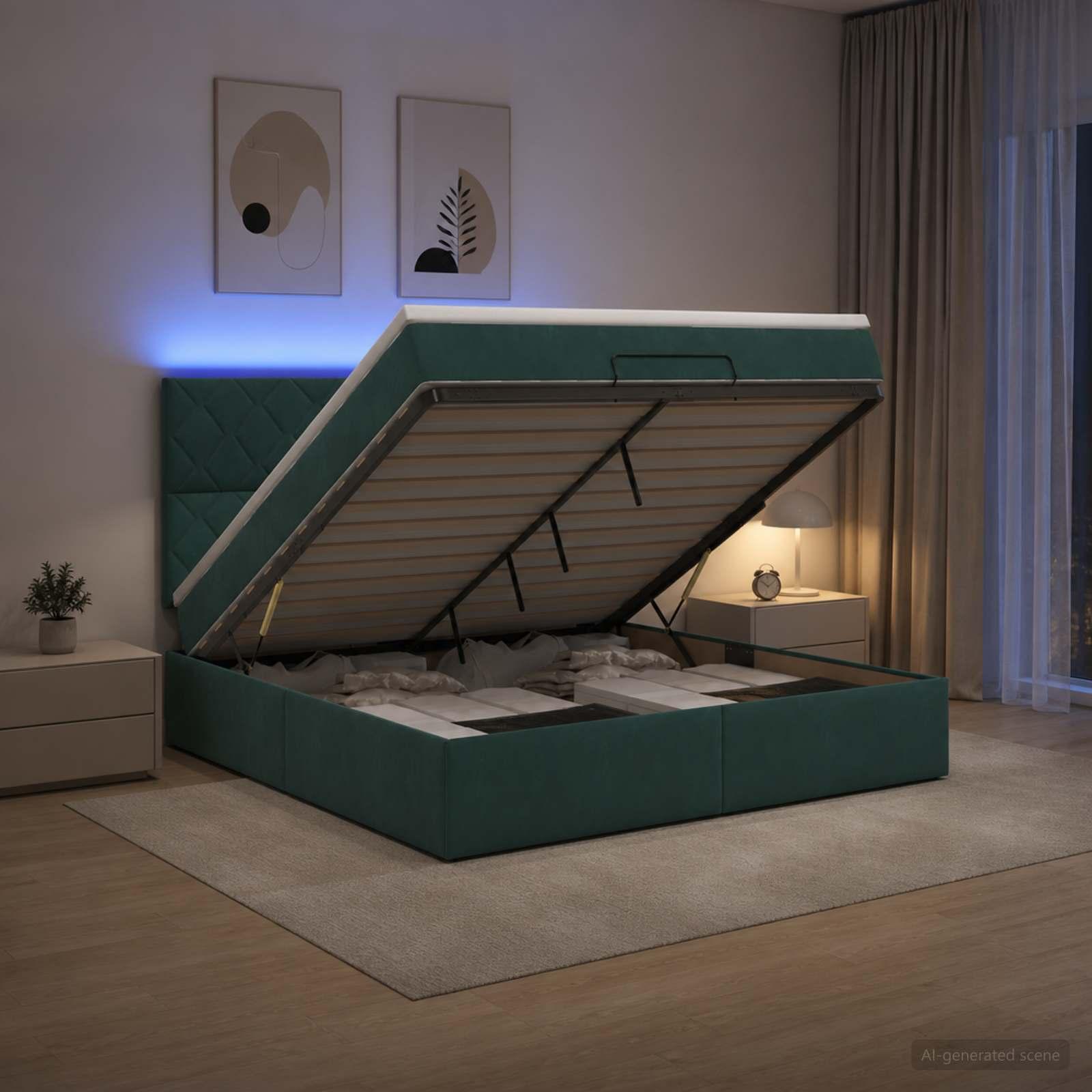 Ottoman seng 180 x 200 cm med madras og LED - mørkegrøn fløjl
