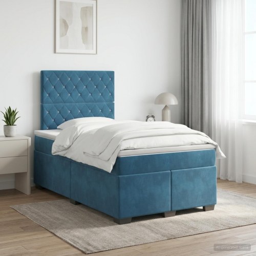 Seng med madras, topmadras og hovedgærde 120 x 190 cm blå fløjl