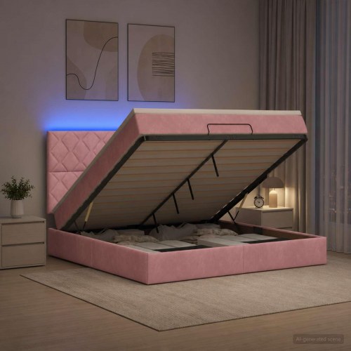 Ottoman seng med madras og LED lyserød 140 x 190 cm fløjl